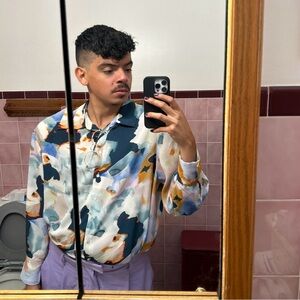 Blue and orange button up shirt